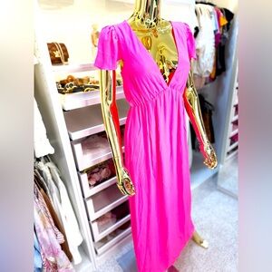 Gianni Bini Chiffon Vibrant Hot Pink Maxi Dress Size S Criss Cross Back Detail